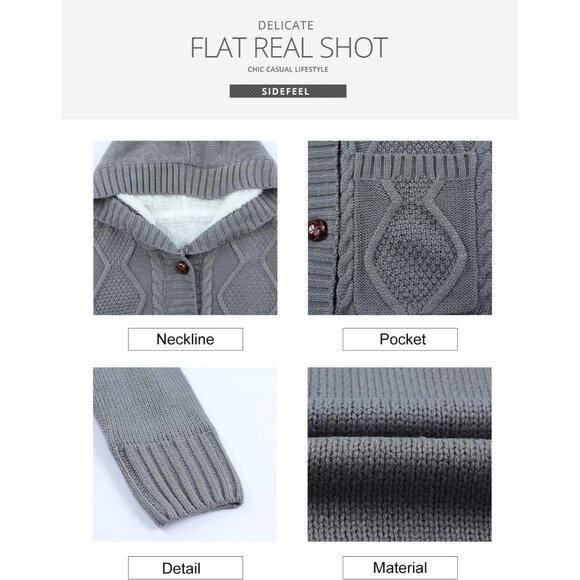 Women's Hooded Fleece Lined Cardigan Sweater Small Winter Coat with Pockets - Picture 6 of 7